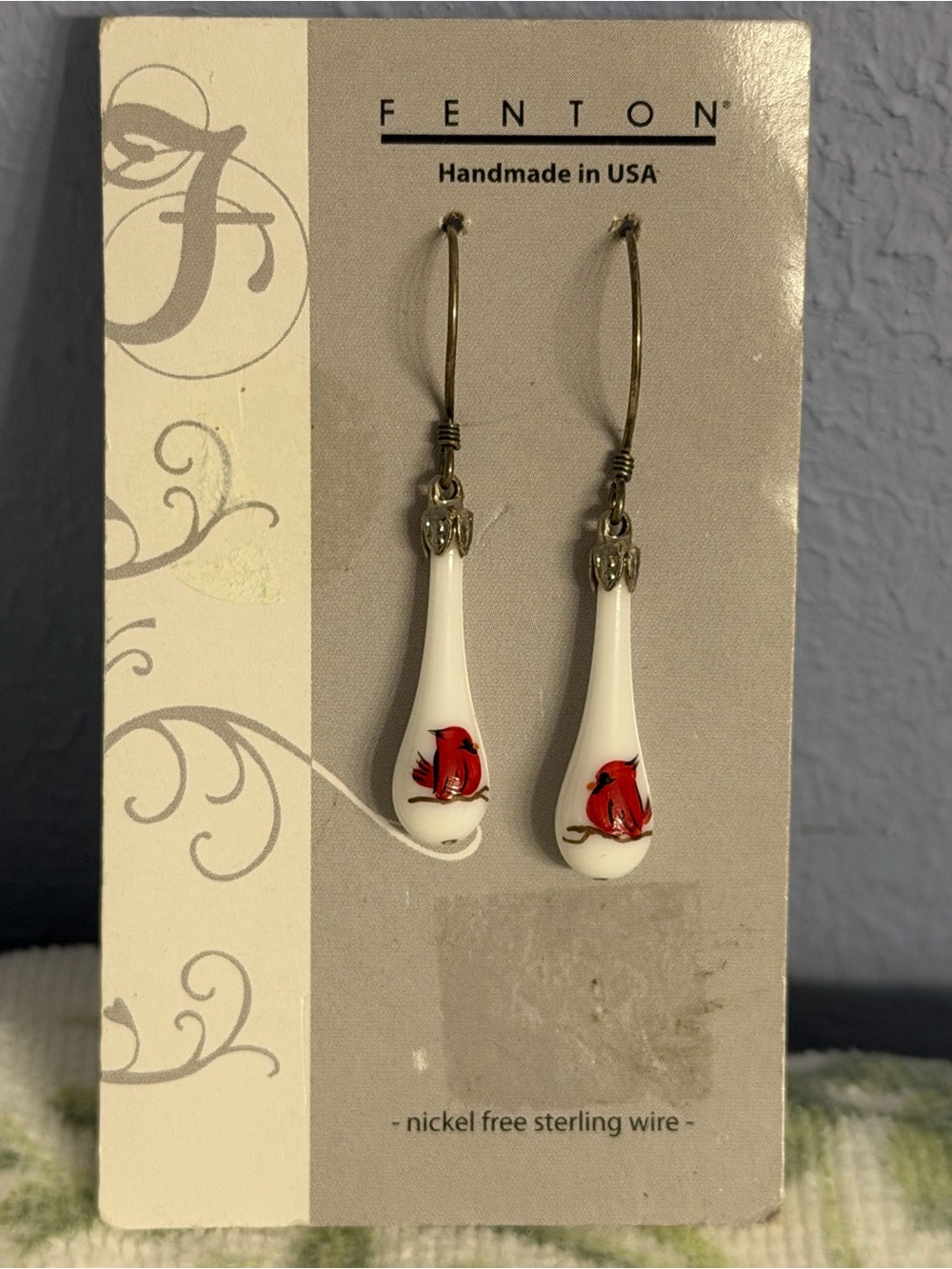 Fenton White Teardrop Earrings with Red Cardinal Accent